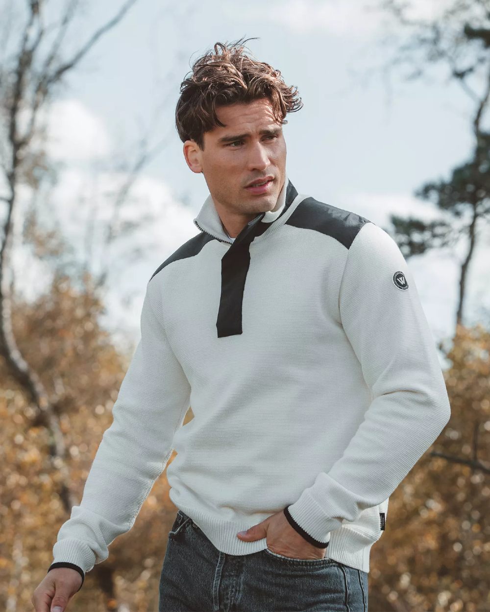 Off White Coloured Holebrook Mens Eskil T-Neck Knitted Windproof Sweater on outdoor background 