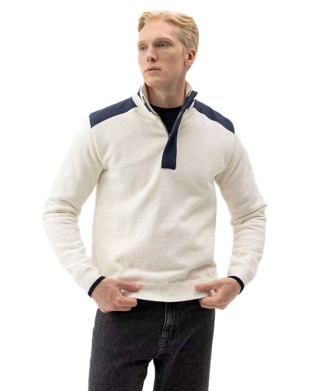 Off White Coloured Holebrook Mens Eskil T-Neck Knitted Windproof Sweater on white background 