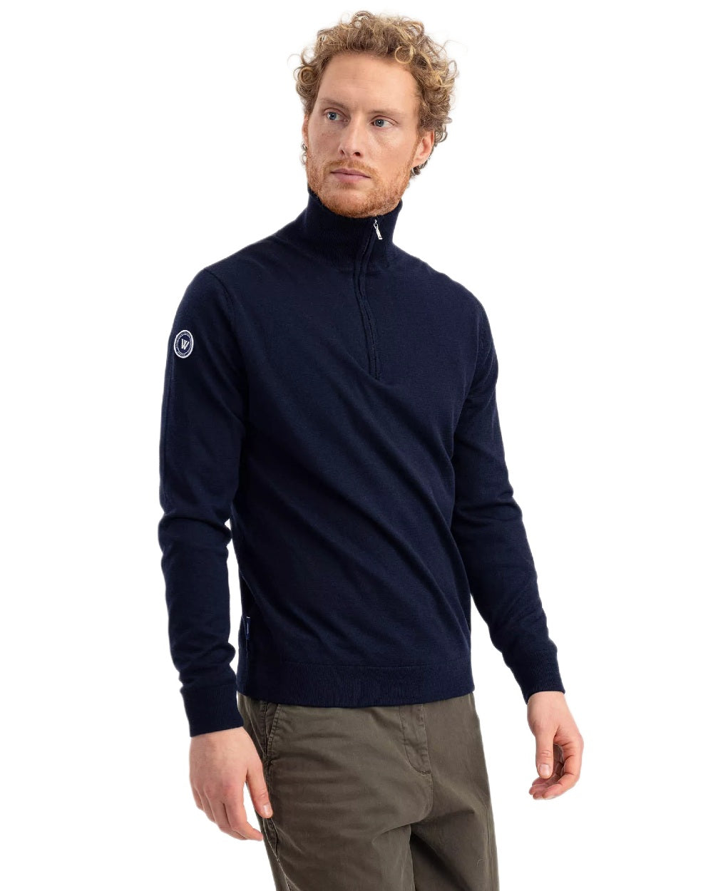 Dark Navy Coloured Holebrook Mens Jesper T-neck Knitted Windproof Sweater on white background 