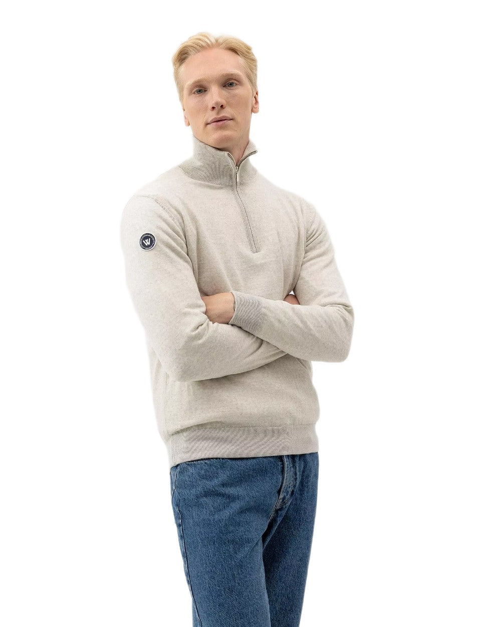 Light Grey Melange Coloured Holebrook Mens Jesper T-neck Knitted Windproof Sweater on white background 