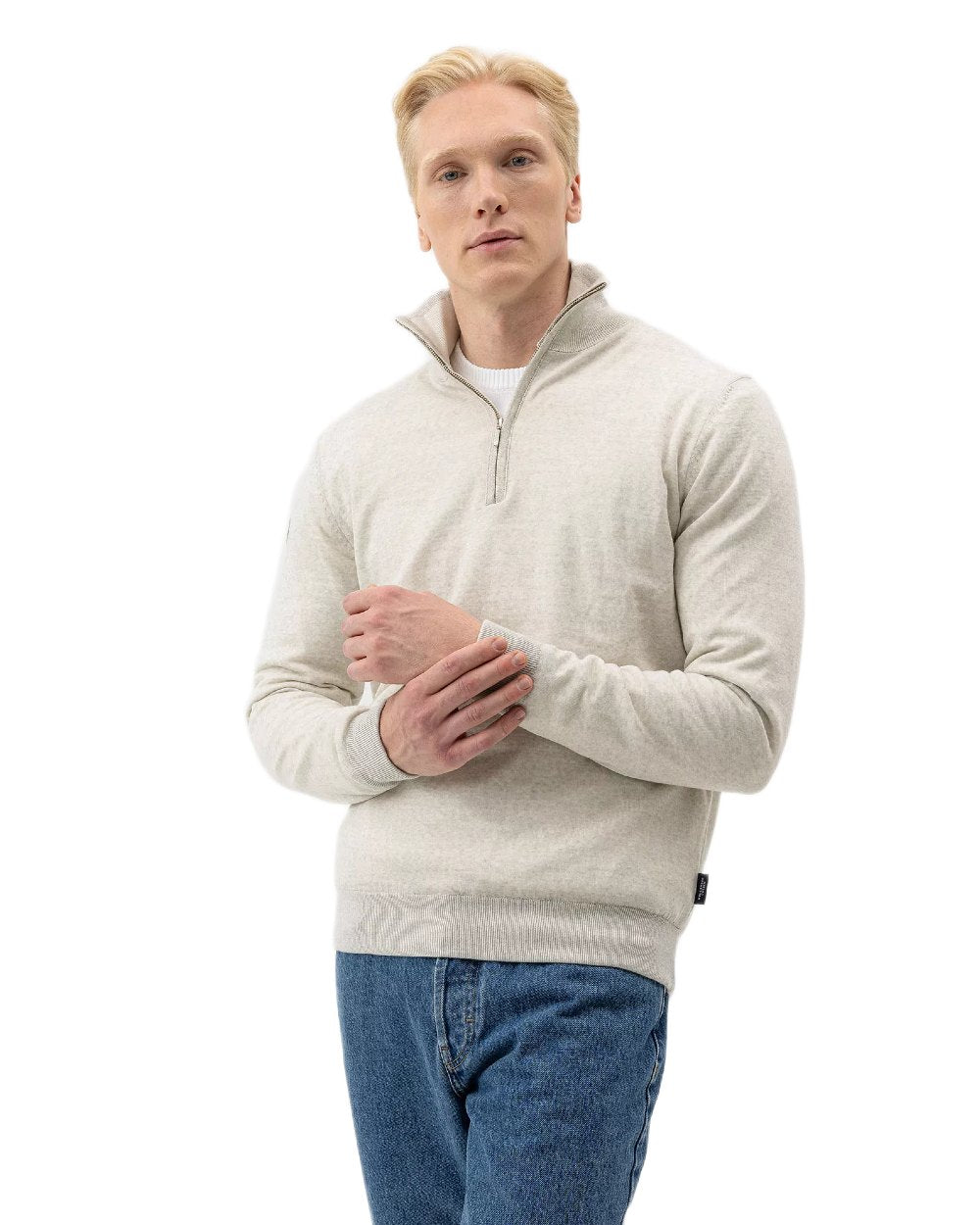 Light Grey Melange Coloured Holebrook Mens Jesper T-neck Knitted Windproof Sweater on white background 