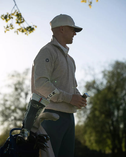 Sand Melange Coloured Holebrook Mens Jesper T-neck Knitted Windproof Sweater on outdoor background 