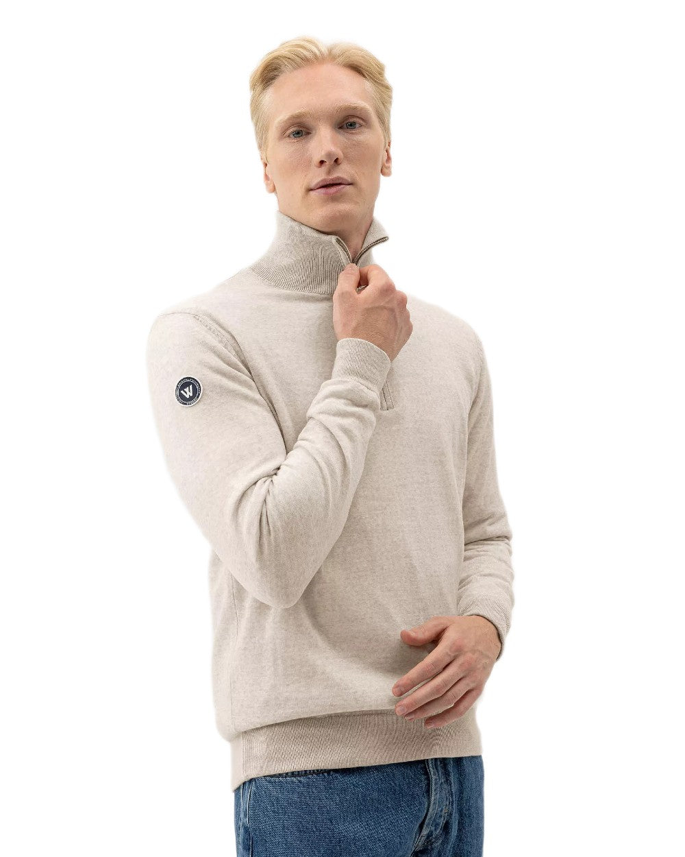 Sand Melange Coloured Holebrook Mens Jesper T-neck Knitted Windproof Sweater on white background 