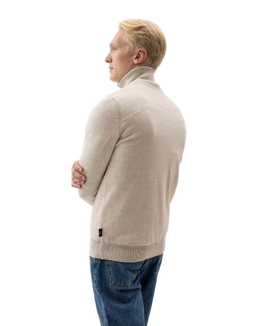 Sand Melange Coloured Holebrook Mens Jesper T-neck Knitted Windproof Sweater on white background 
