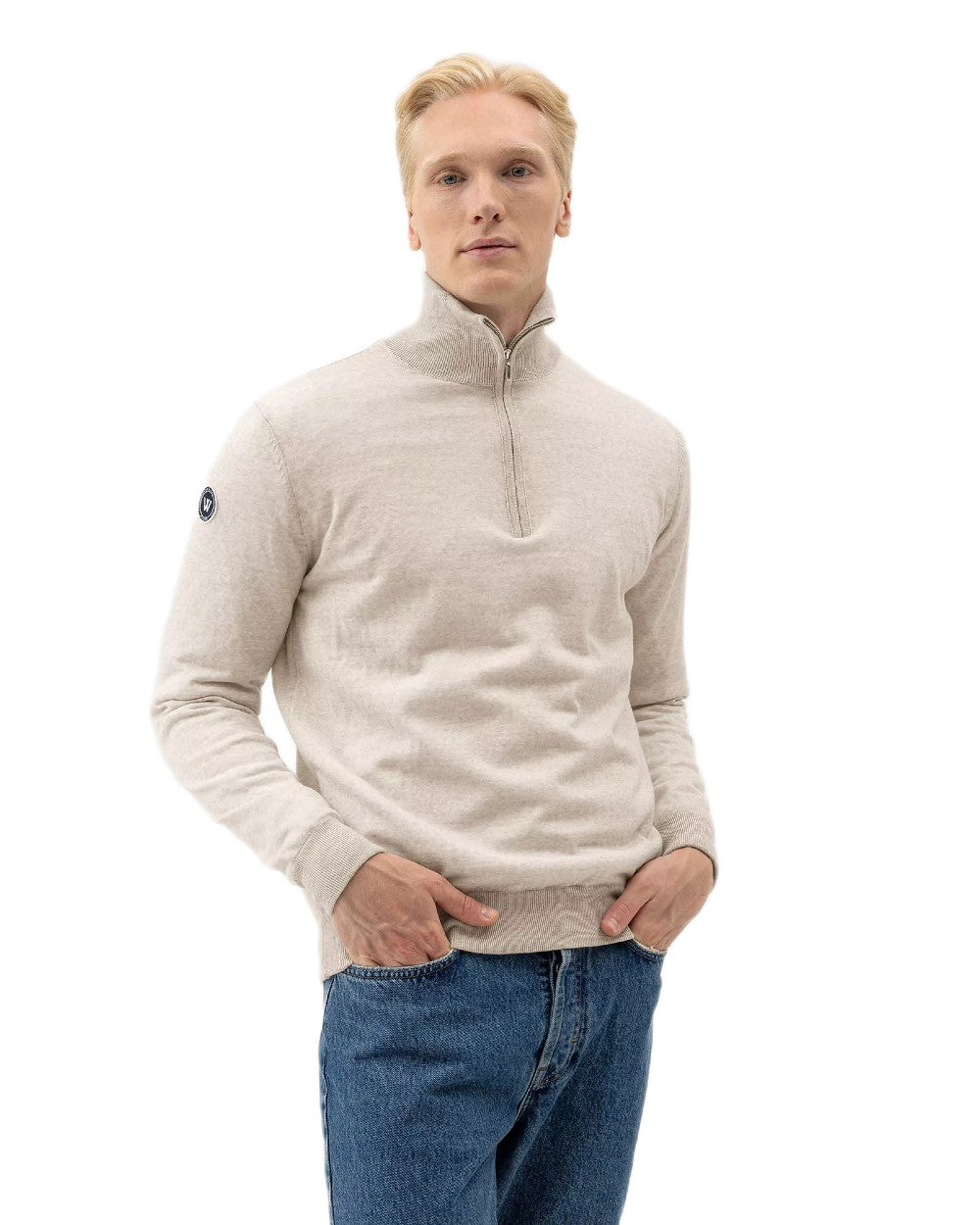 Sand Melange Coloured Holebrook Mens Jesper T-neck Knitted Windproof Sweater on white background 