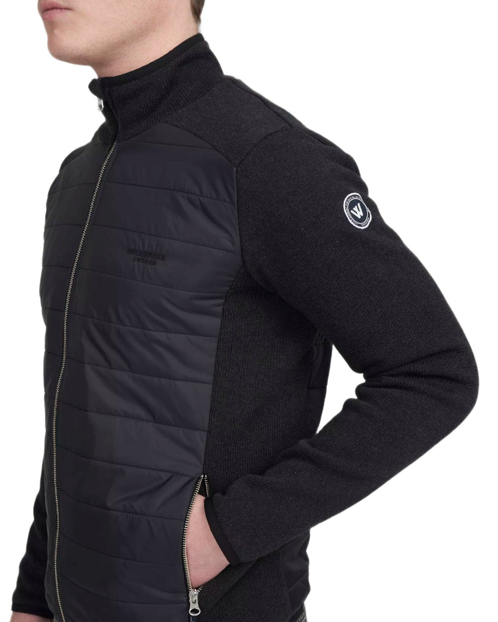 Black Mel Coloured Holebrook Mens Peder Knitted Wind-Lined Jacket on white background 