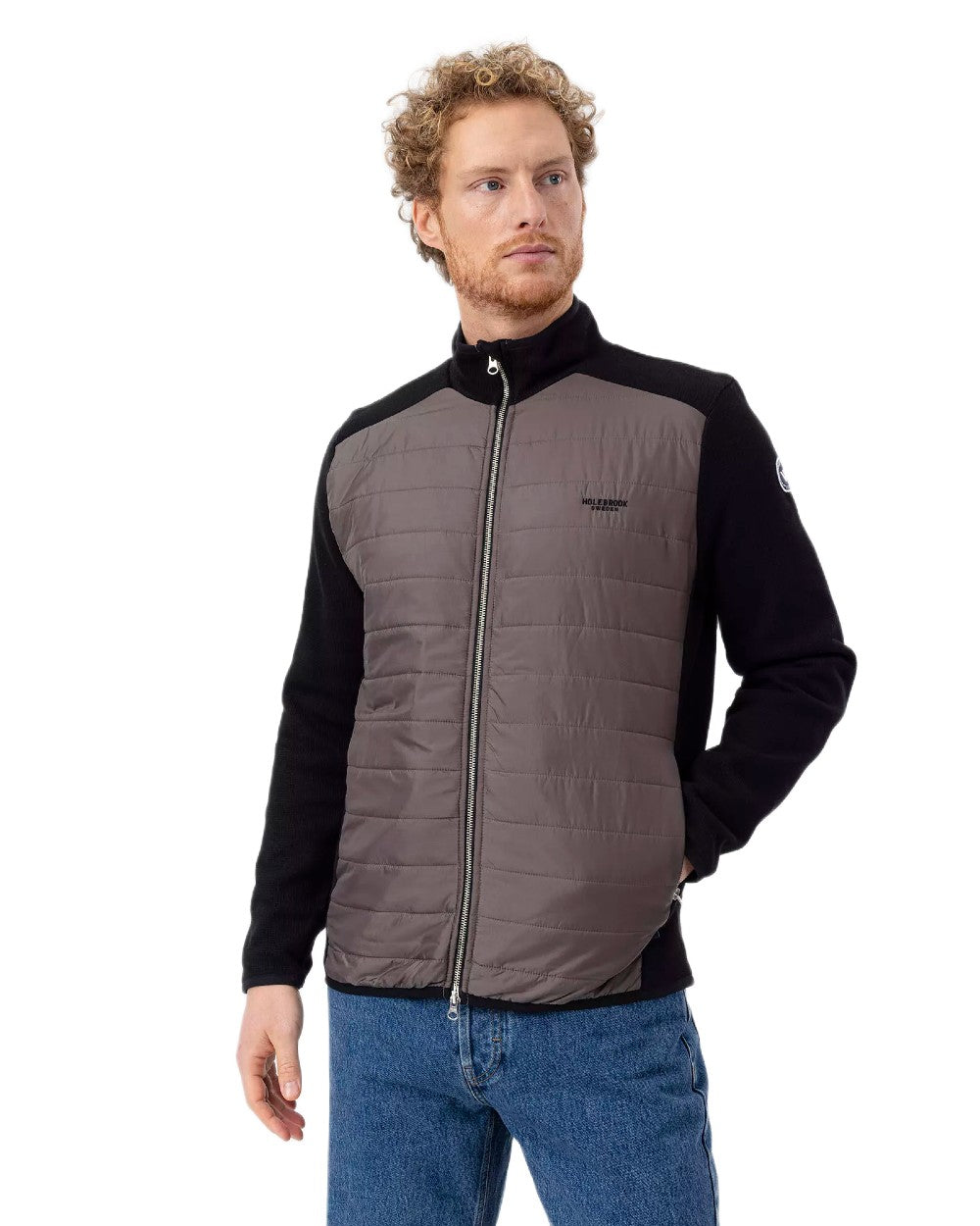 Black Mole Coloured Holebrook Mens Peder Knitted Wind-Lined Jacket on white background 
