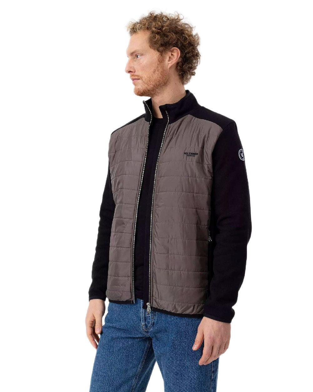 Black Mole Coloured Holebrook Mens Peder Knitted Wind-Lined Jacket on white background 