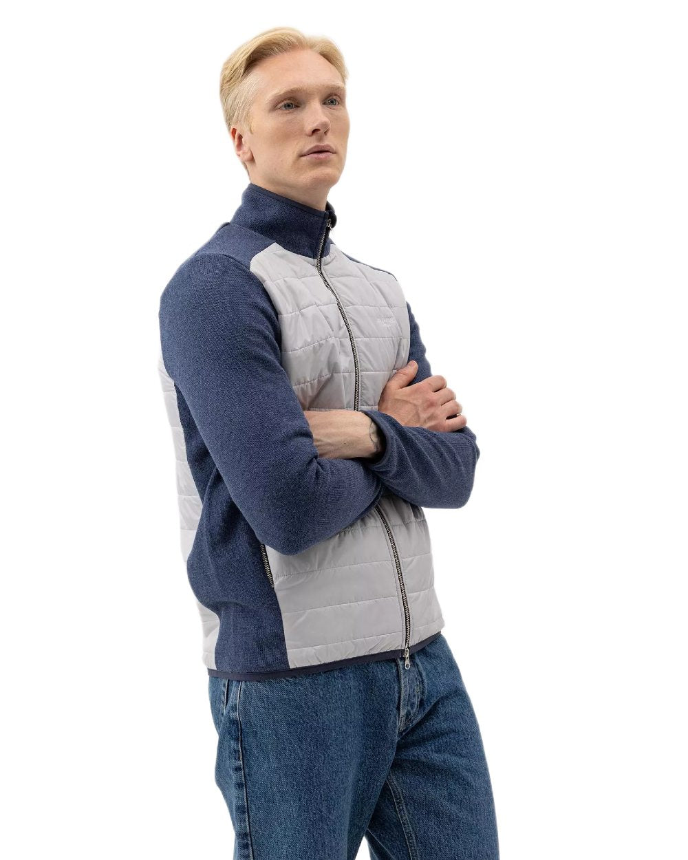 Chambray Marble Coloured Holebrook Mens Peder Knitted Wind-Lined Jacket on white background 