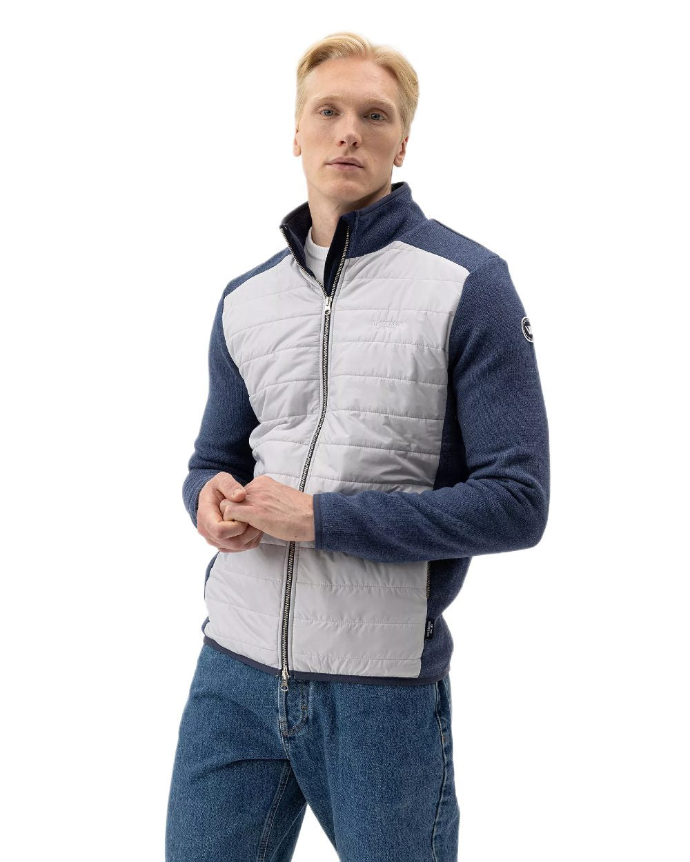 Chambray Marble Coloured Holebrook Mens Peder Knitted Wind-Lined Jacket on white background 