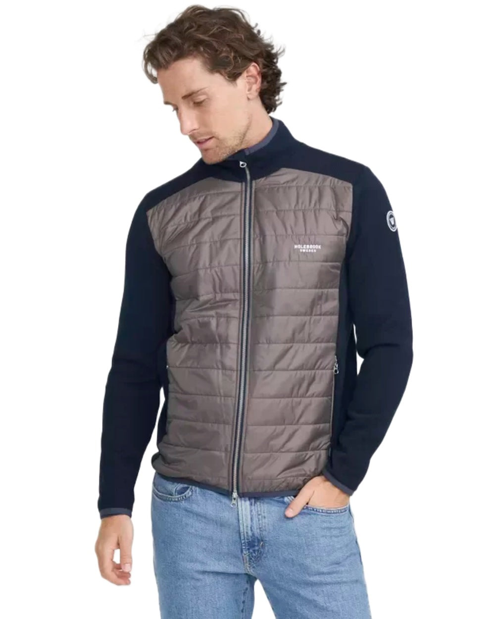 Navy Mole Coloured Holebrook Mens Peder Knitted Wind-Lined Jacket on white background 