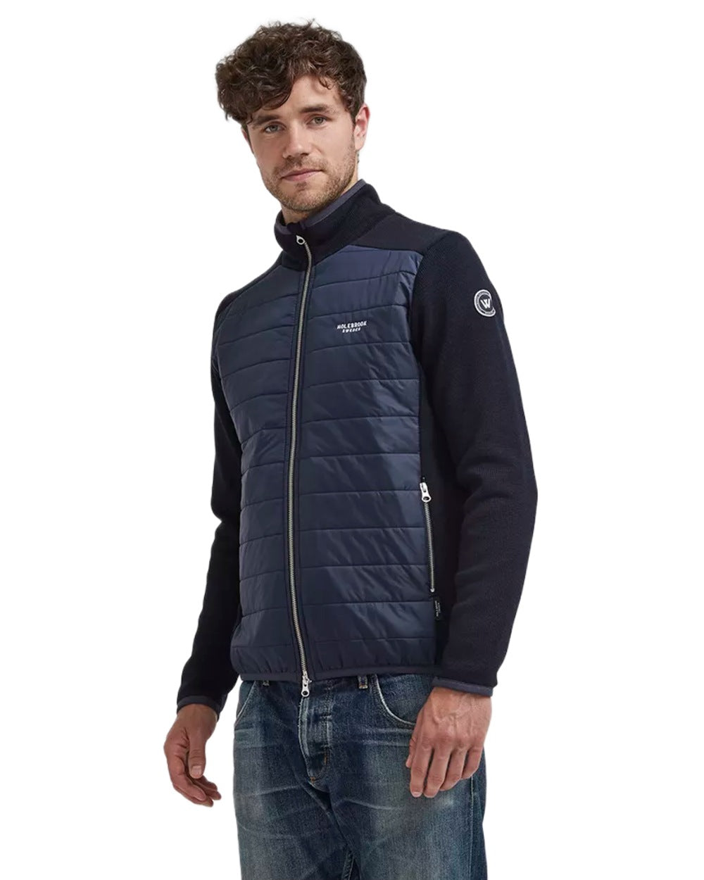 Navy Coloured Holebrook Mens Peder Knitted Wind-Lined Jacket on white background 