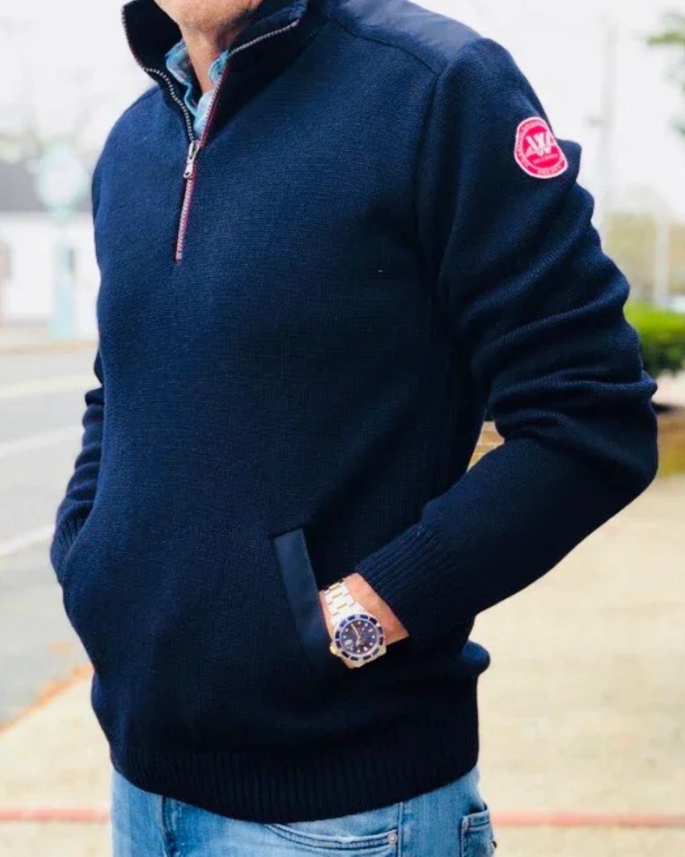 Navy Coloured Holebrook Mens Peter Quarter Zip Windproof Sweater on white background 