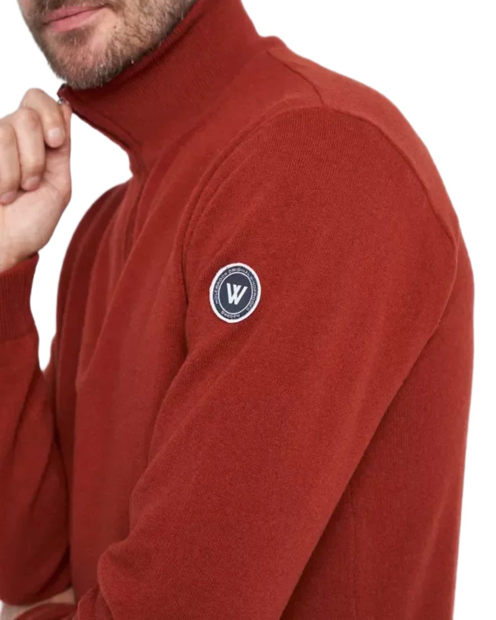 Maple Red Colour Coloured Holebrook Mens Stellan T-neck Knitted Windproof Sweater on white background 
