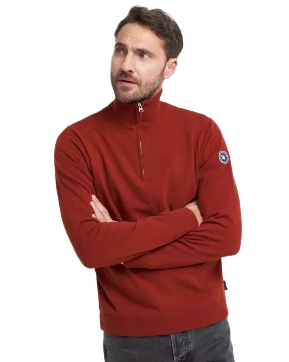 Maple Red Colour Coloured Holebrook Mens Stellan T-neck Knitted Windproof Sweater on white background 