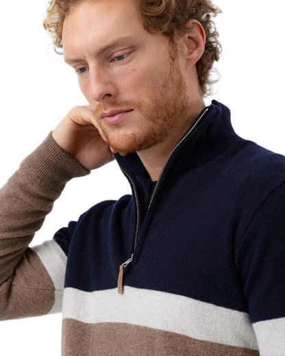 Walnut Multi Colour Coloured Holebrook Mens Stellan T-neck Knitted Windproof Sweater on white background 