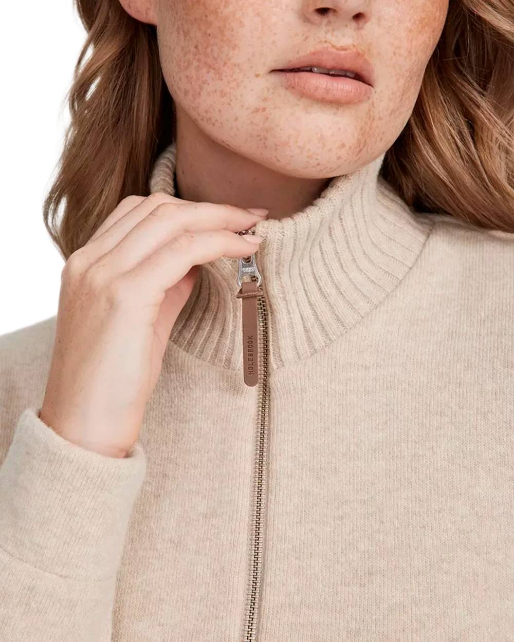 Sand Coloured Holebrook Womens Claire Full Zip Knitted Windproof Sweater on white background 