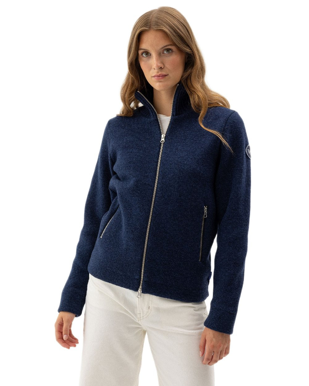 Dark Blue Coloured Holebrook Womens Claire Full Zip Knitted Windproof Sweater on white background 
