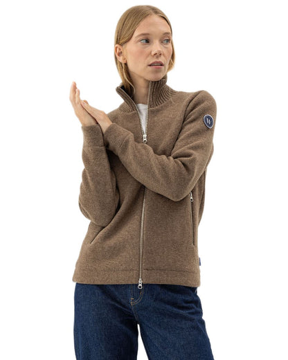 Walnut Coloured Holebrook Womens Claire Full Zip Knitted Windproof Sweater on white background 