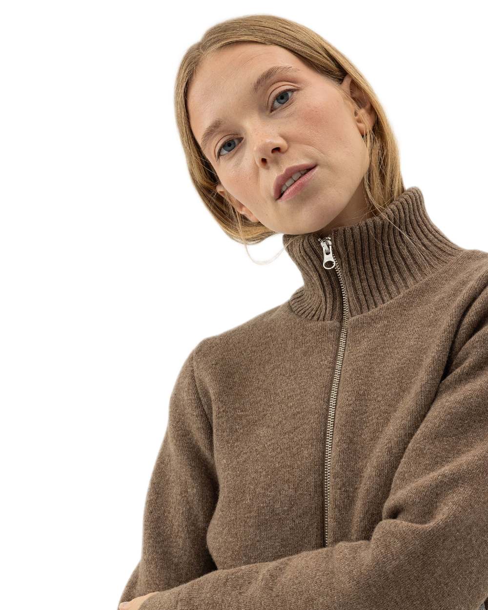 Walnut Coloured Holebrook Womens Claire Full Zip Knitted Windproof Sweater on white background 