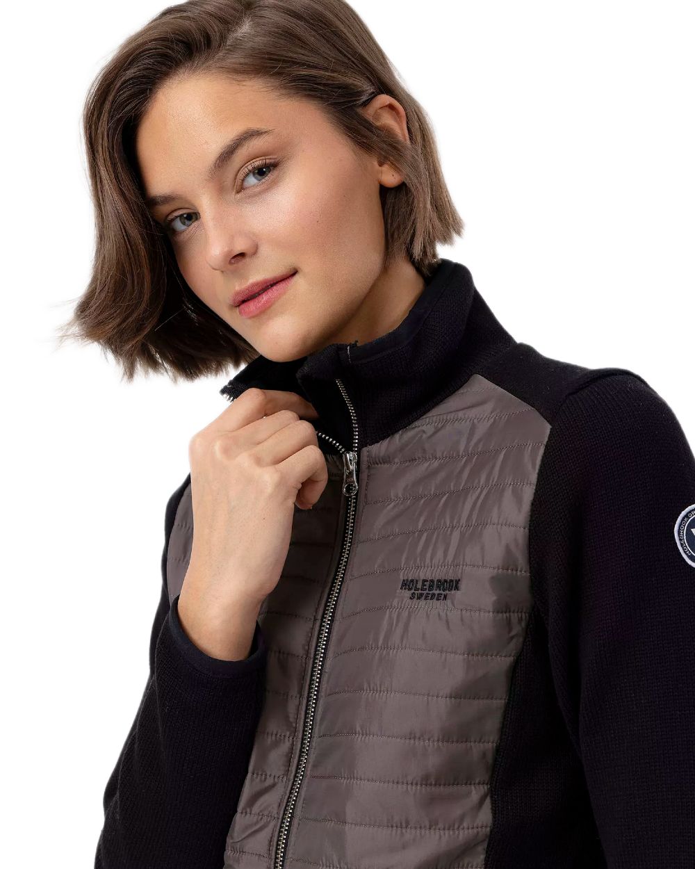 Black Mole Coloured Holebrook Womens Mimmi Fullzip Knitted Wind-Lined Jacket on white background 