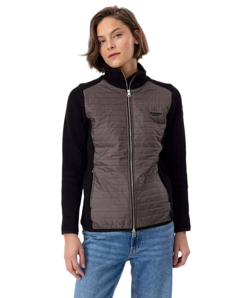 Black Mole Coloured Holebrook Womens Mimmi Fullzip Knitted Wind-Lined Jacket on white background 
