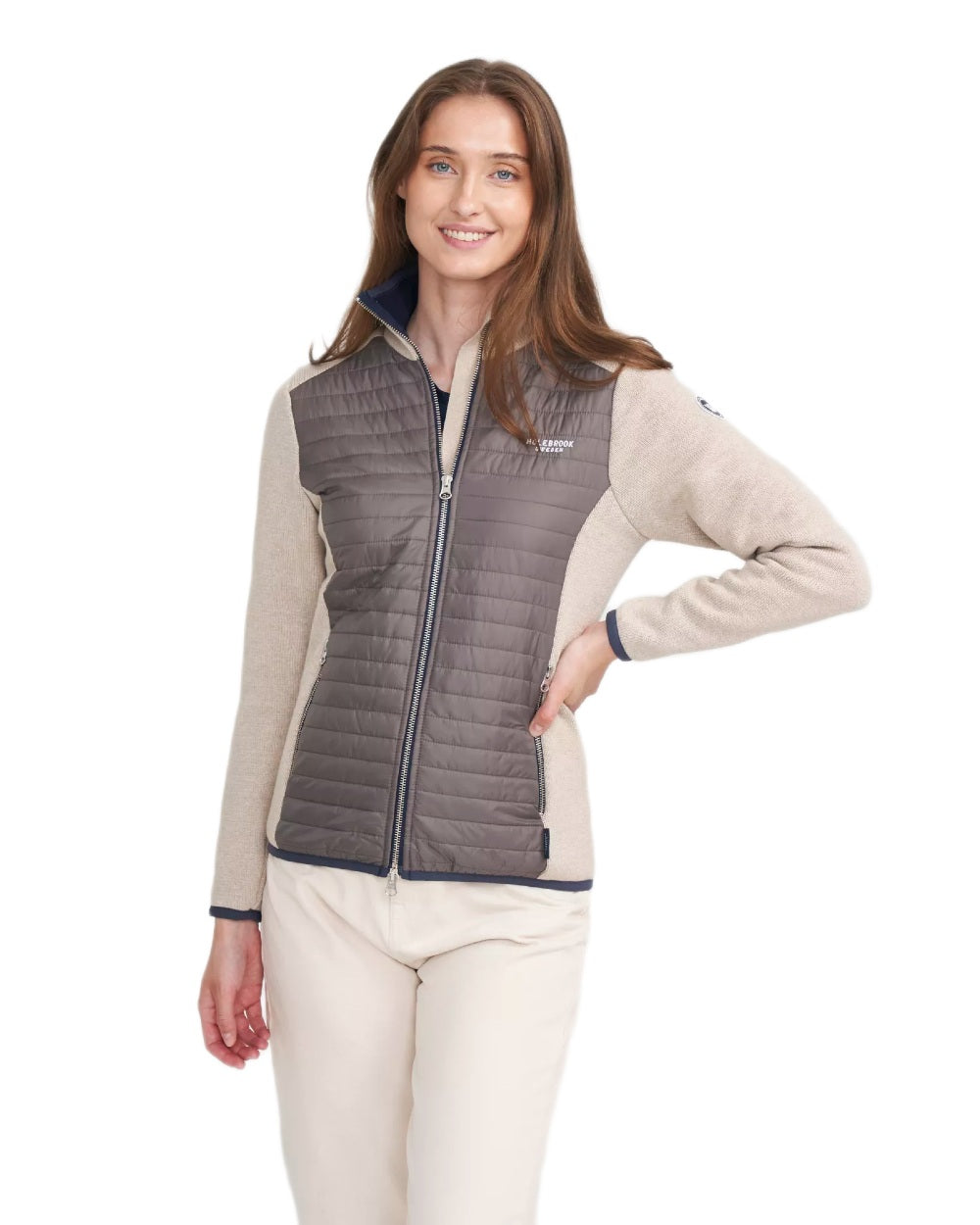 Khaki Mole Coloured Holebrook Womens Mimmi Fullzip Knitted Wind-Lined Jacket on white background 