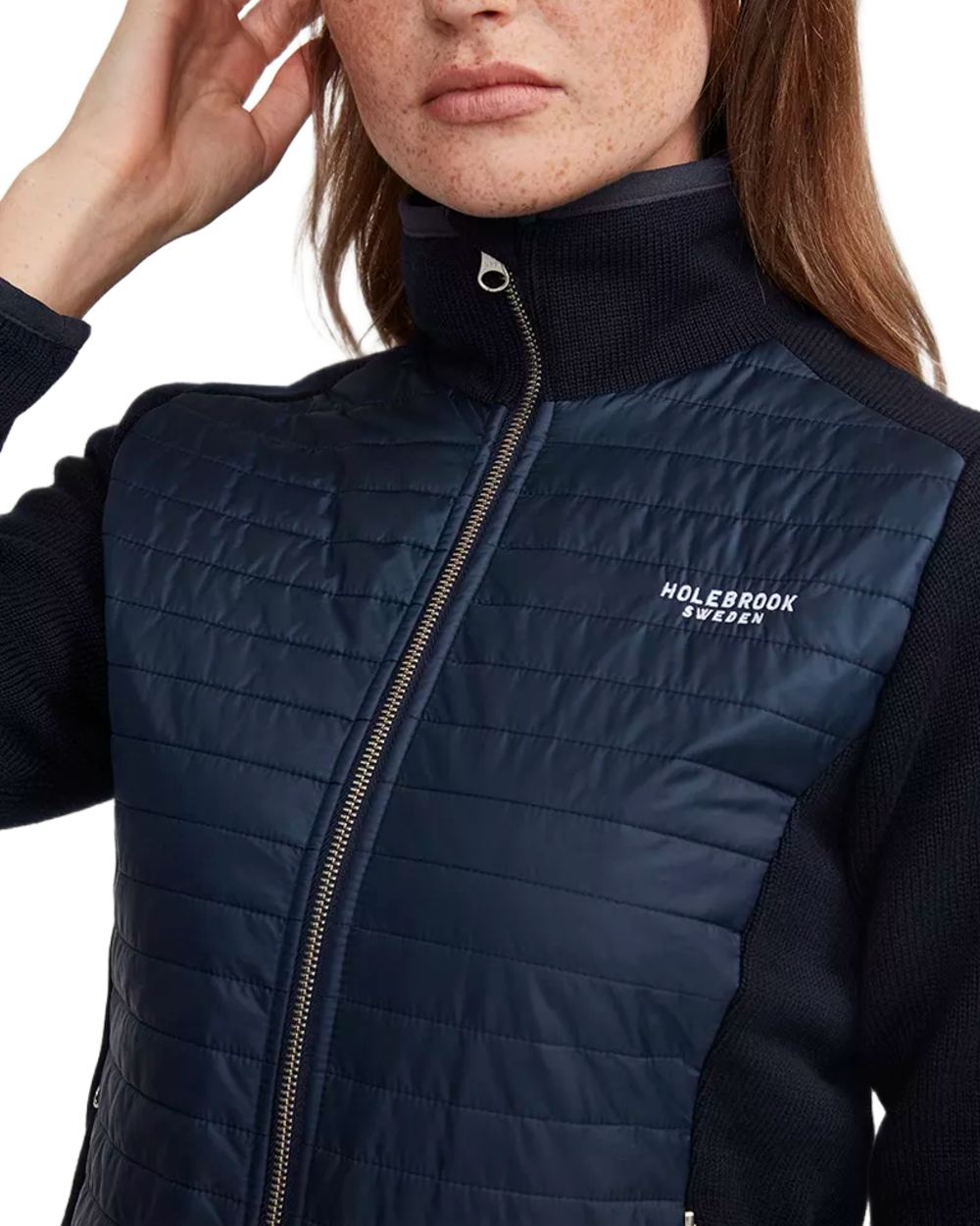 Navy Coloured Holebrook Womens Mimmi Fullzip Knitted Wind-Lined Jacket on white background 