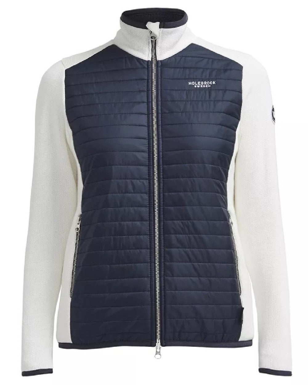 Off White Navy Coloured Holebrook Womens Mimmi Fullzip Knitted Wind-Lined Jacket on white background 