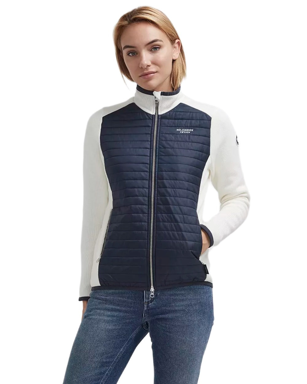 Off White Navy Coloured Holebrook Womens Mimmi Fullzip Knitted Wind-Lined Jacket on white background 