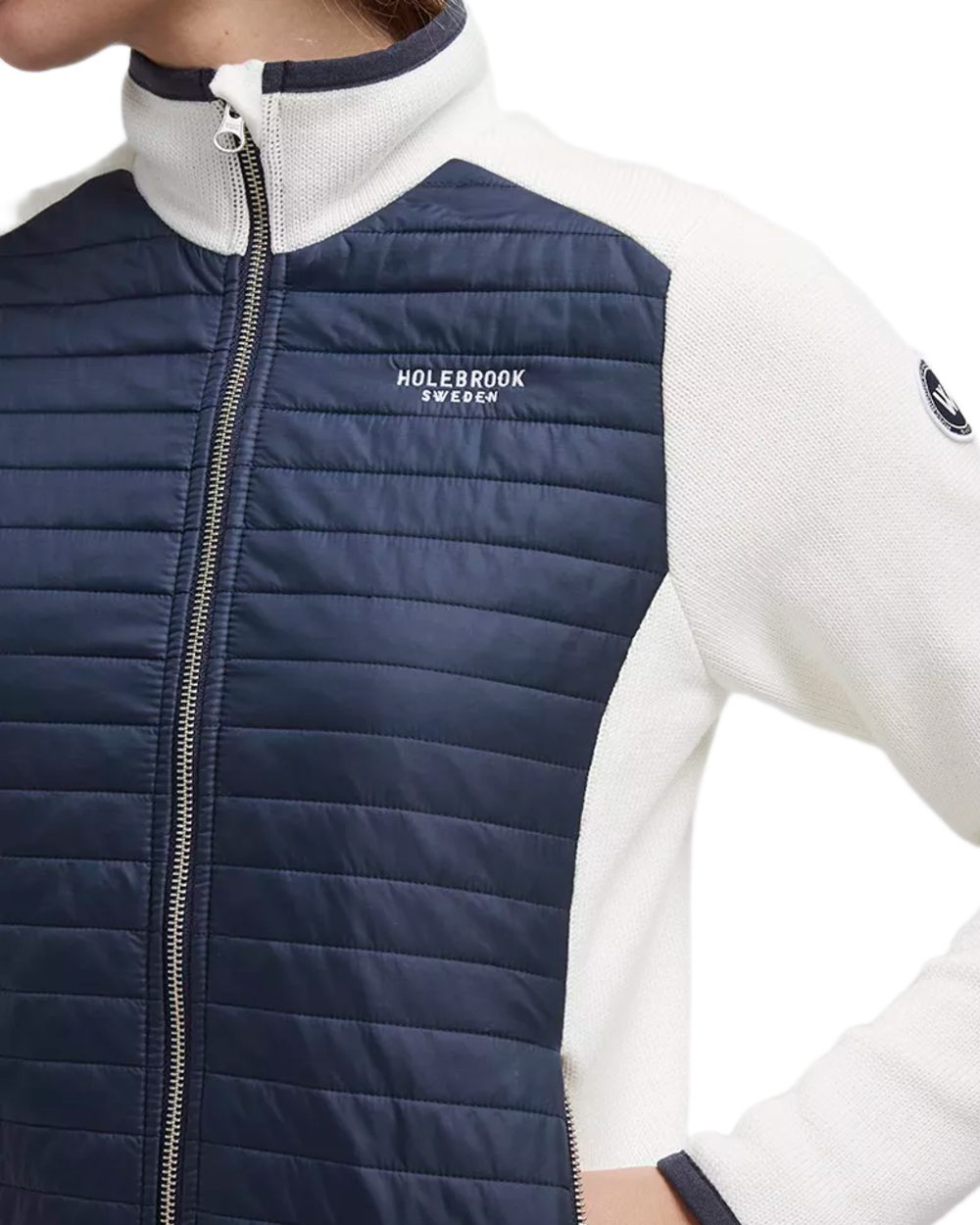 Off White Navy Coloured Holebrook Womens Mimmi Fullzip Knitted Wind-Lined Jacket on white background 
