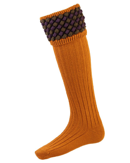 Ochre coloured House of Cheviot Angus Socks on white background 