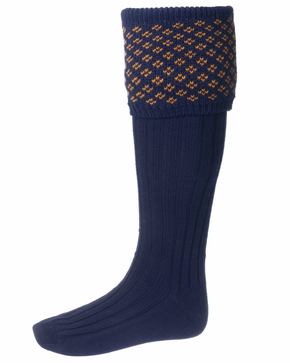 Navy coloured House of Cheviot Boughton Socks on white background 