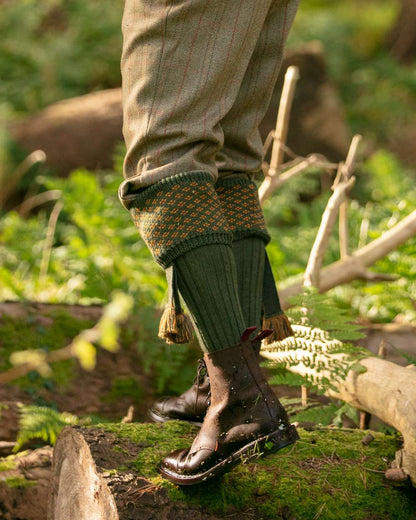 Spruce coloured House of Cheviot Boughton Socks on forest background 