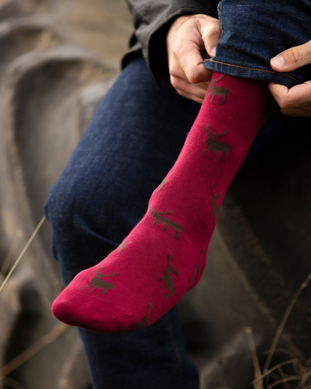 Stag coloured House of Cheviot Cotton Socks on blurry background 