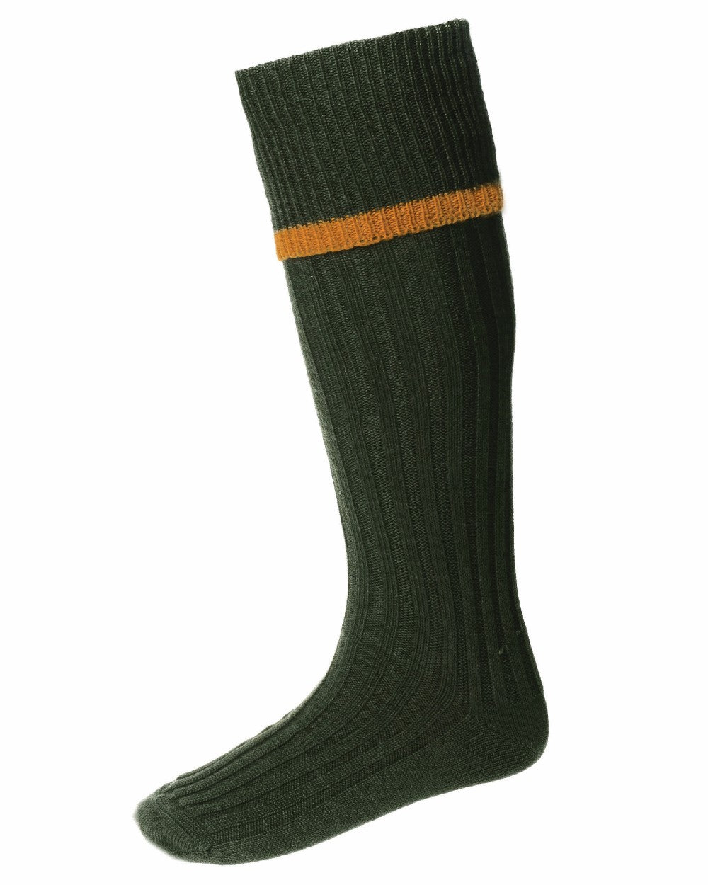 Spruce Ochre coloured House of Cheviot Estate Field Socks on white background 