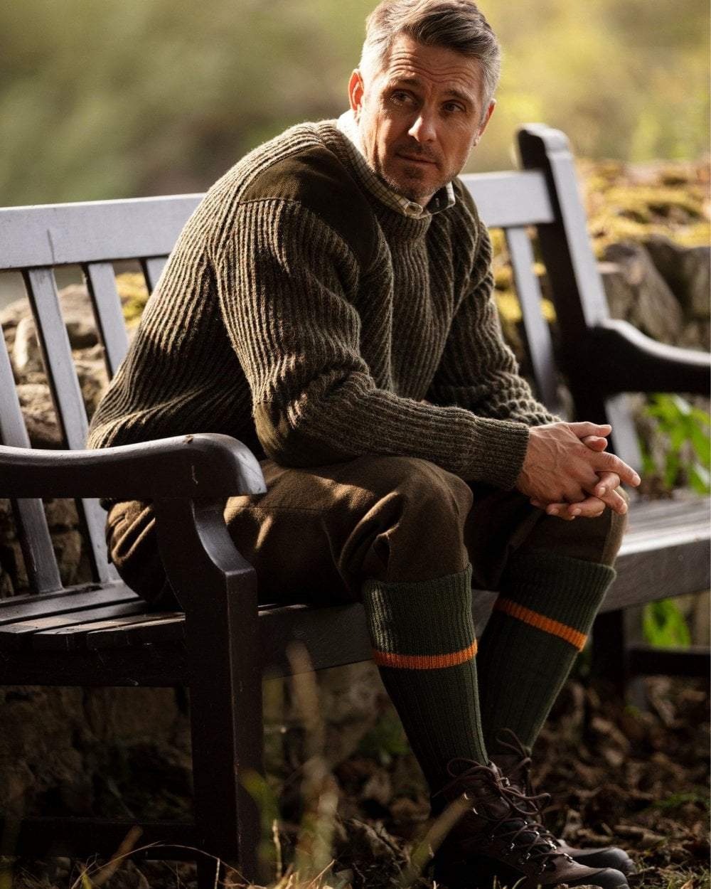 Spruce Ochre coloured House of Cheviot Estate Field Socks on white background 