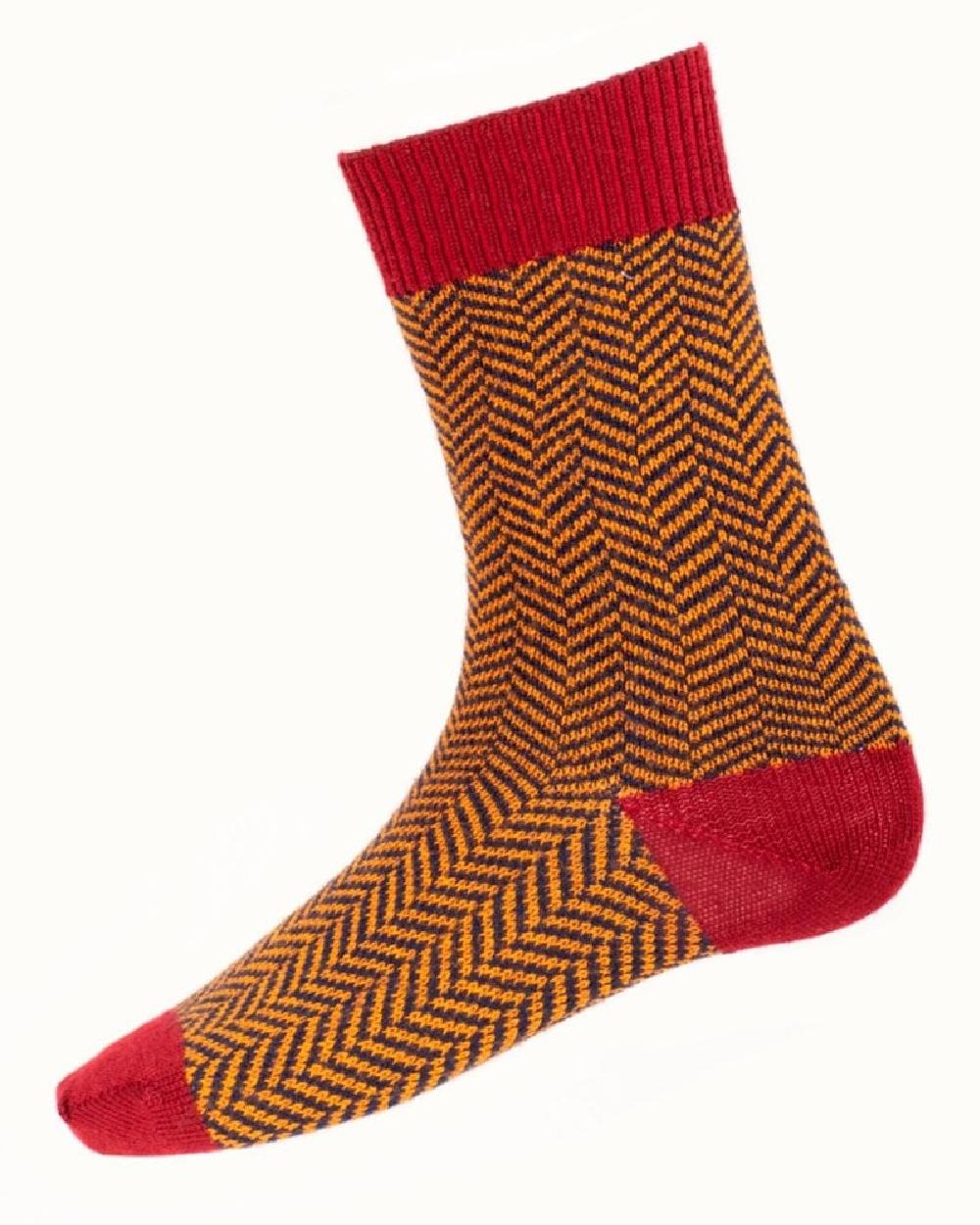 Burgundy coloured House of Cheviot Herringbone Short Socks on white background 