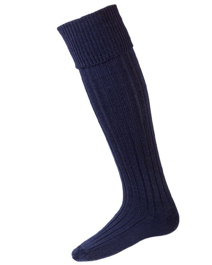 Navy coloured House of Cheviot Jura Socks on white background 