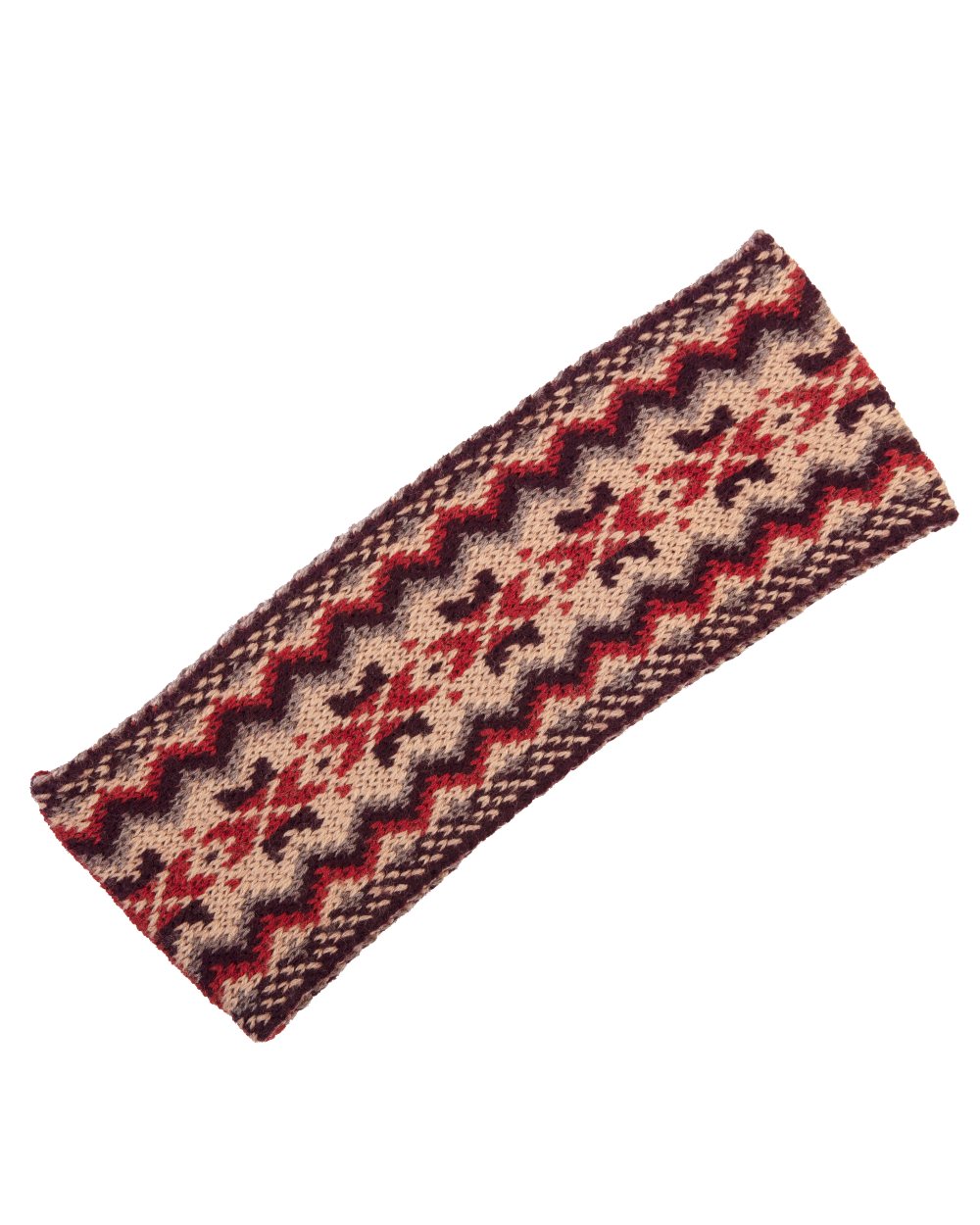 Chestnut coloured House of Cheviot Lady Fairisle Headband on white background 