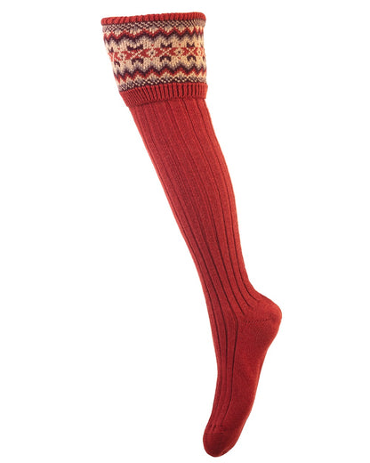 Chestnut coloured House of Cheviot Lady Fairsle Socks on white background 