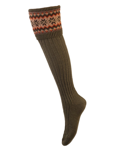 Dark Olive coloured House of Cheviot Lady Fairsle Socks on white background 