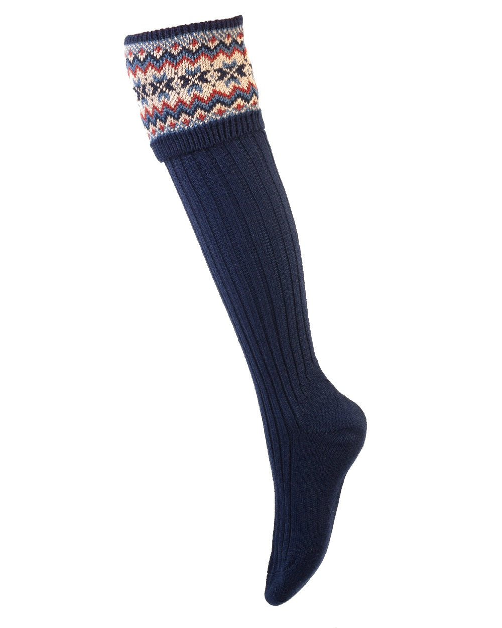 Navy coloured House of Cheviot Lady Fairsle Socks on white background 