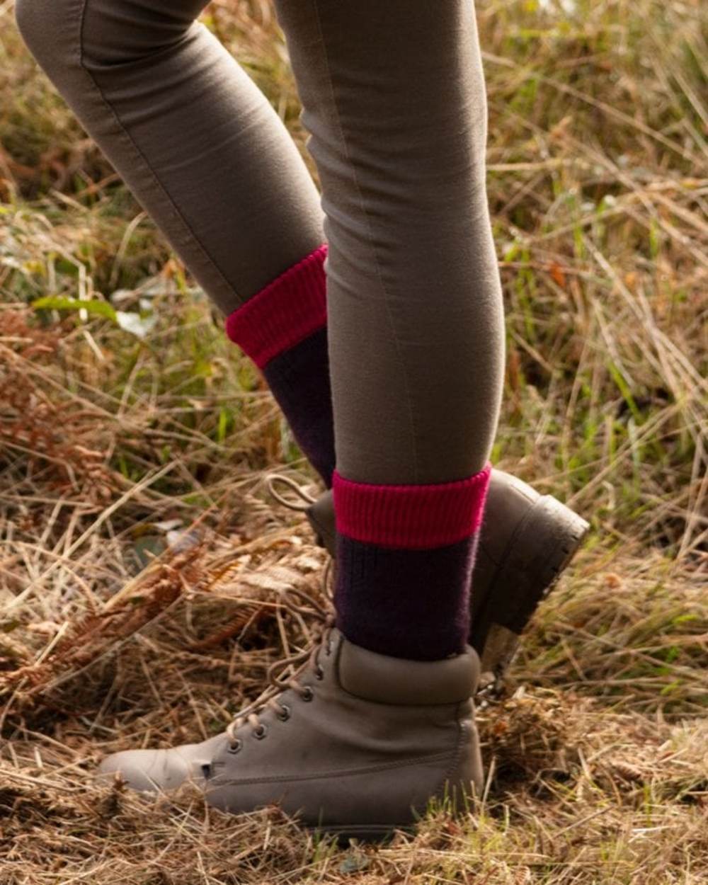 Thistle Fuchsia coloured House of Cheviot Lady Glen Socks on blurry background 