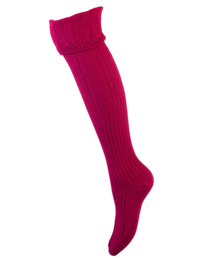 Fuchsia coloured House of Cheviot Lady Glenmore Socks on white background 