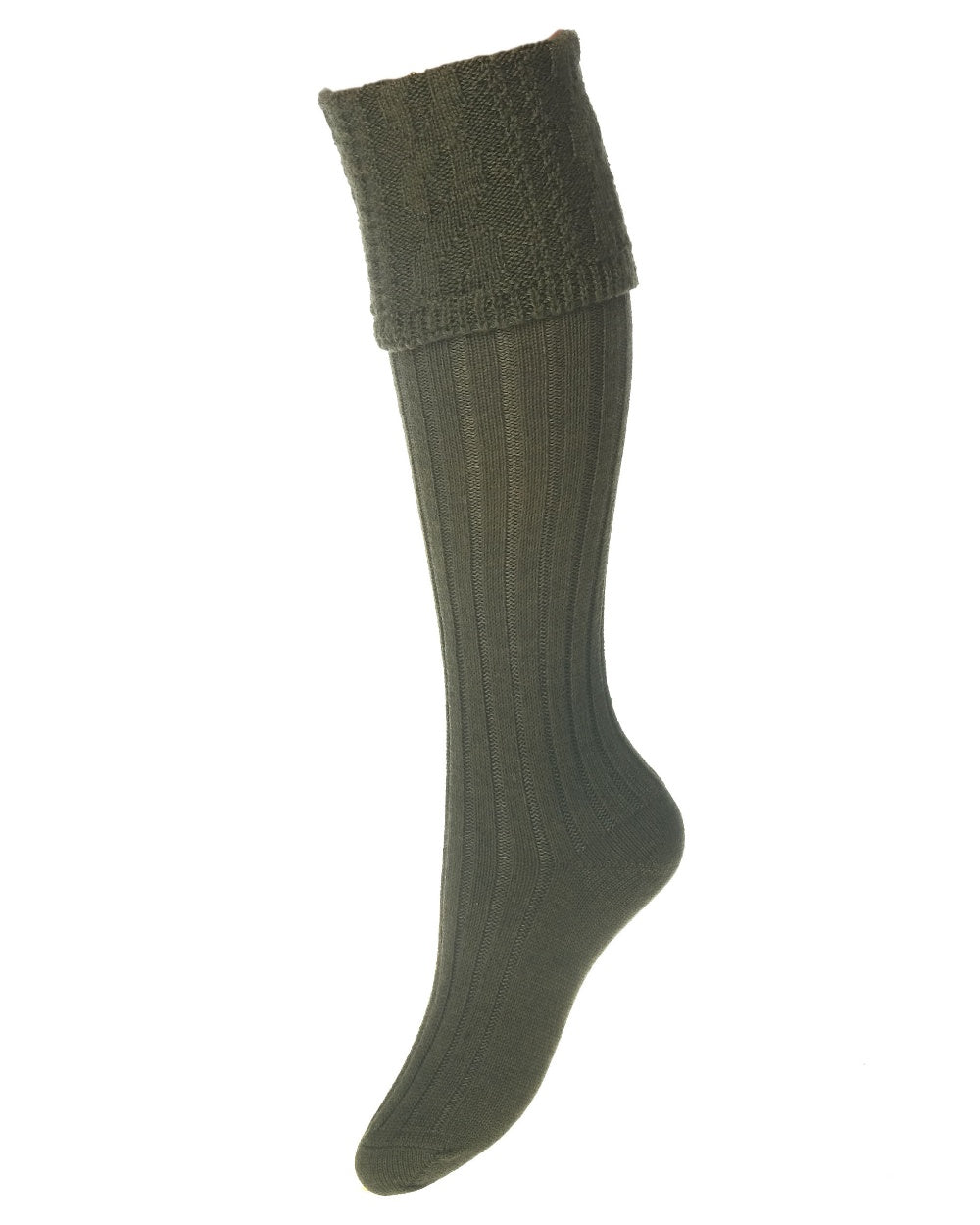 Spruce coloured House of Cheviot Lady Glenmore Socks on white background 