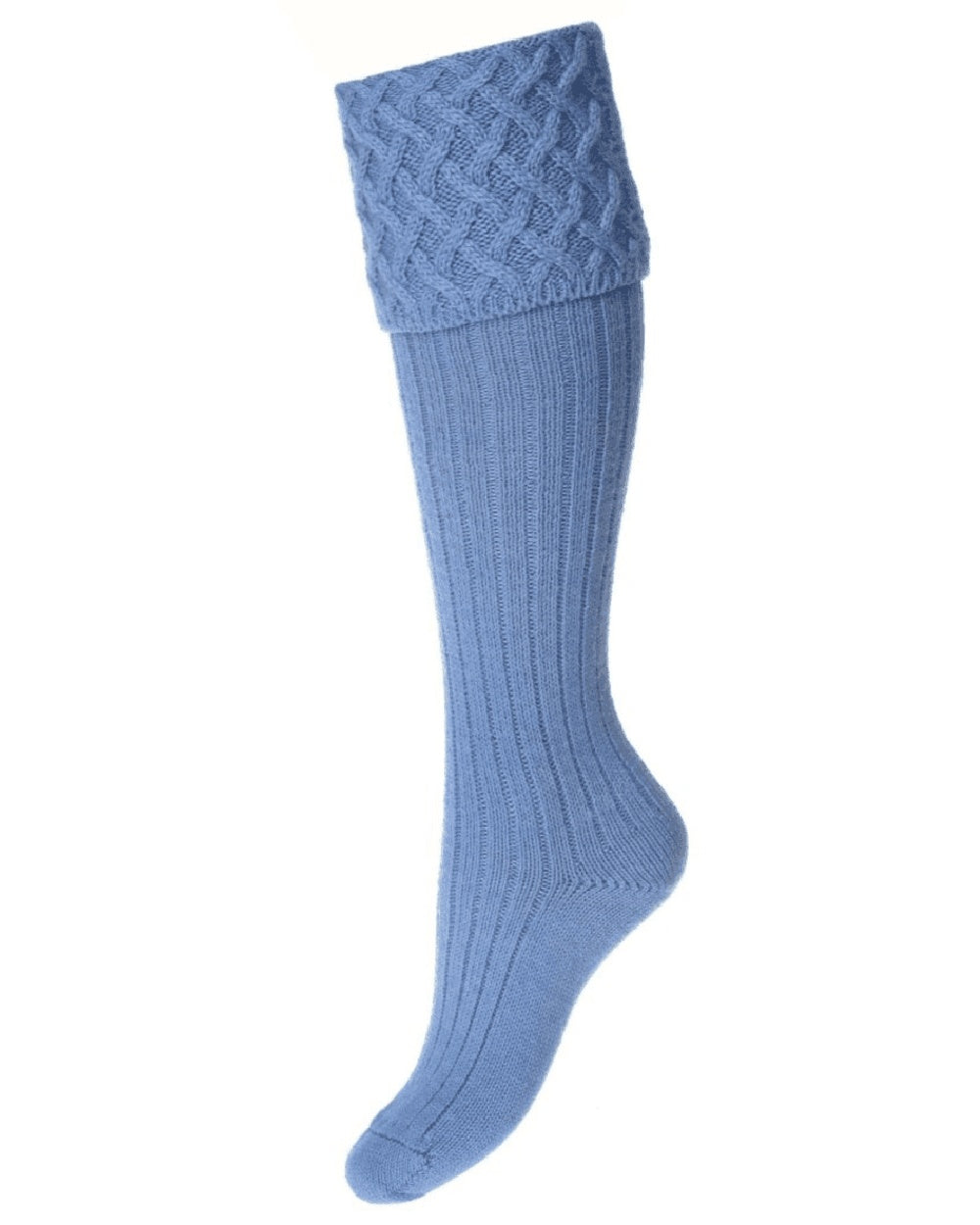 Bluebell coloured House of Cheviot Lady Rannoch Socks on white background 