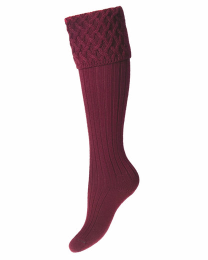 Burgundy coloured House of Cheviot Lady Rannoch Socks on white background 