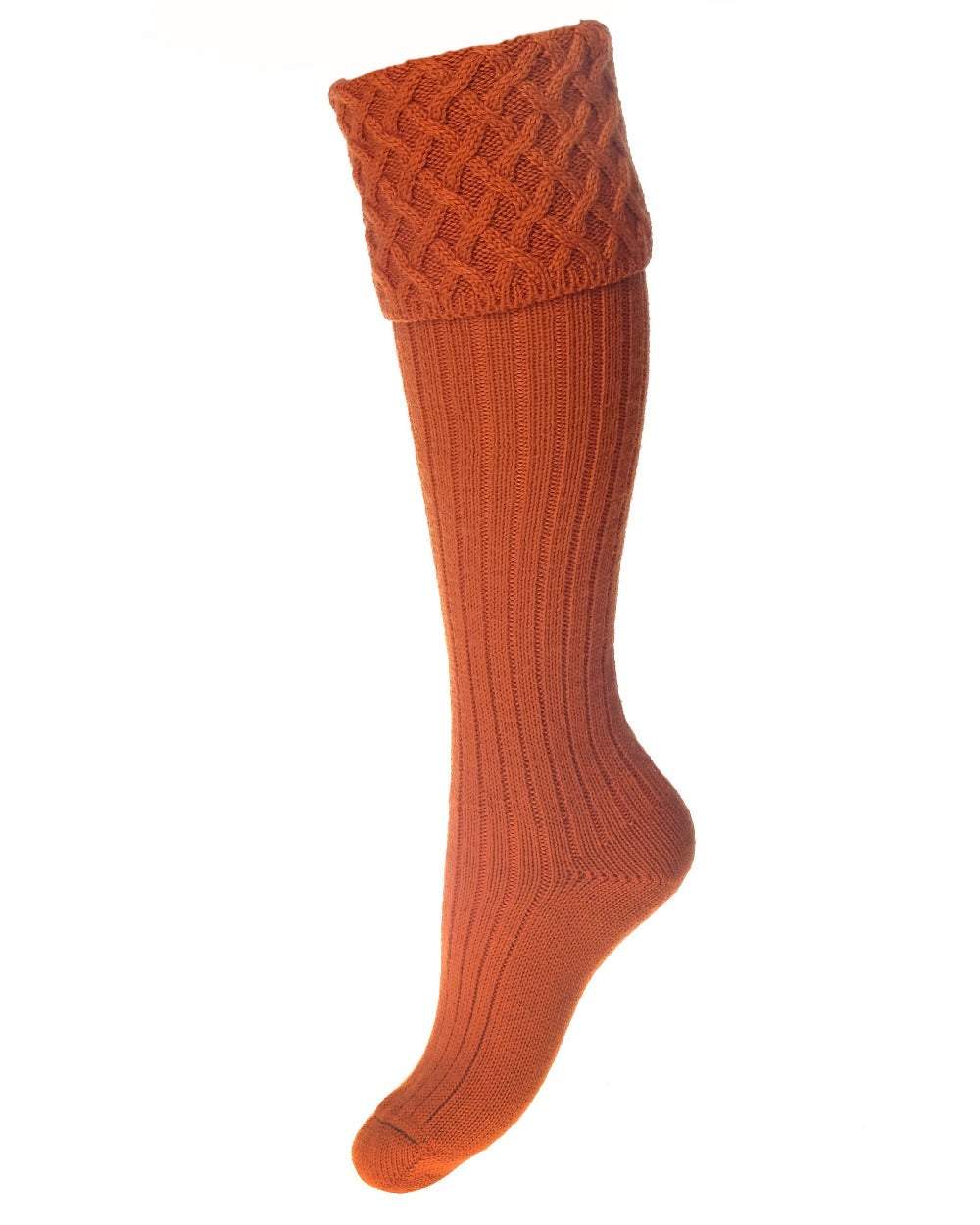 Burnt Orange coloured House of Cheviot Lady Rannoch Socks on white background 