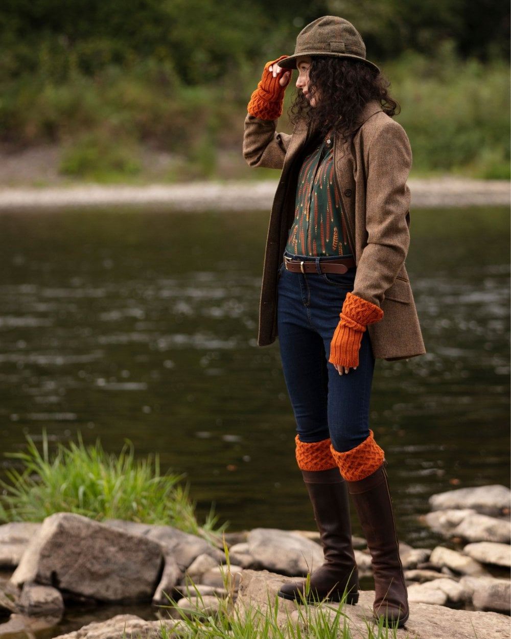 Burnt Orange coloured House of Cheviot Lady Rannoch Socks on river background 